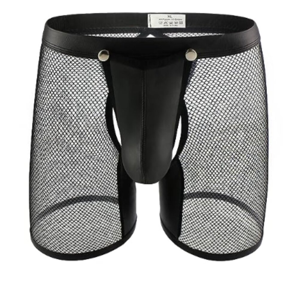 Men’s Sexy See-Through Mesh Shorts – Faux Leather Trim, Loose Fit, Erotic Clubwe - Picture 2 of 7